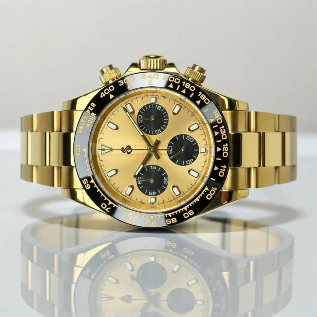 Seiko Mod Luxury Chronograph with gold case and black dial from Modtime Creations