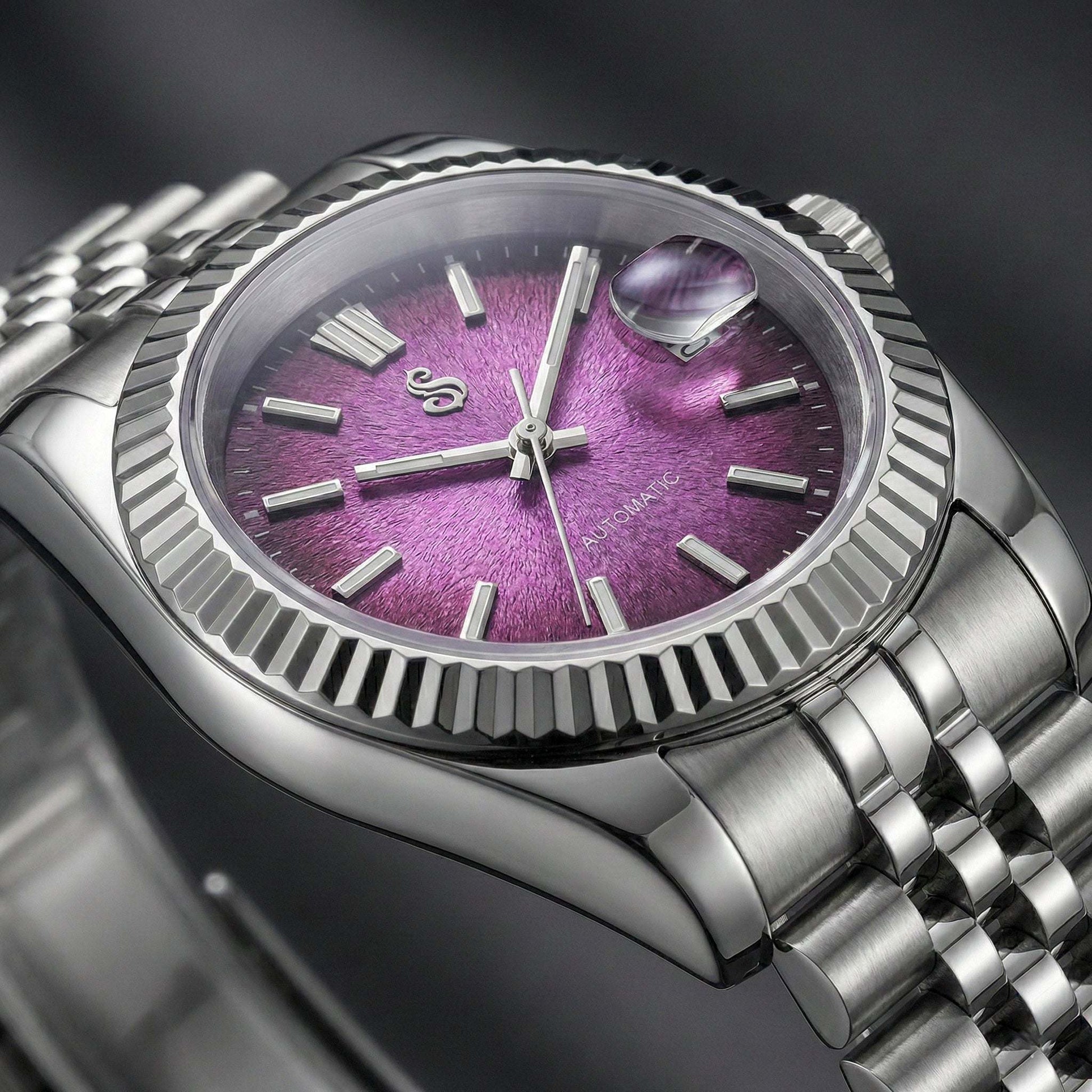 SeikJust Date Window Grand Purple Textured Dial Seiko MOD watch with NH35 automatic movement and sapphire crystal