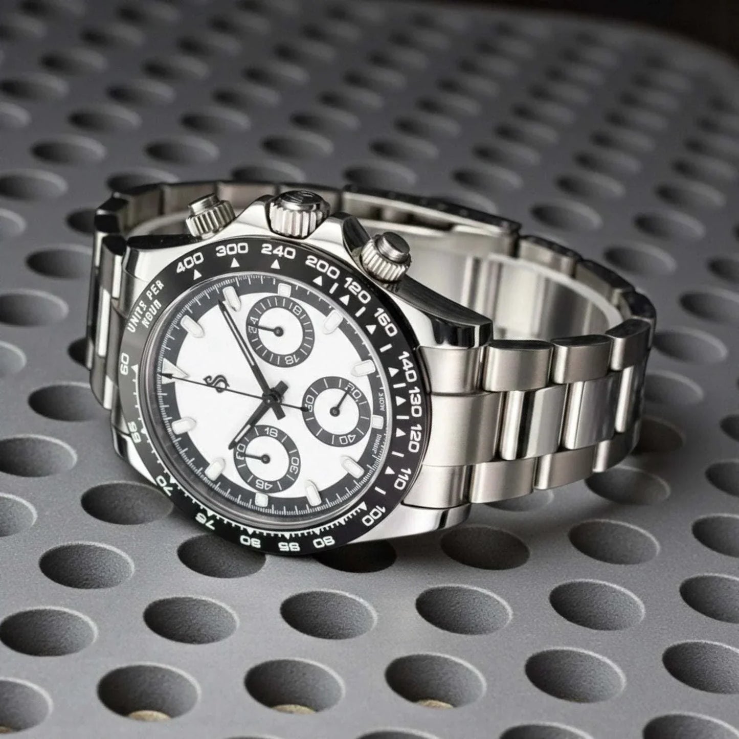 Seitona White Seiko Mod chronograph watch with black dial and stainless steel case