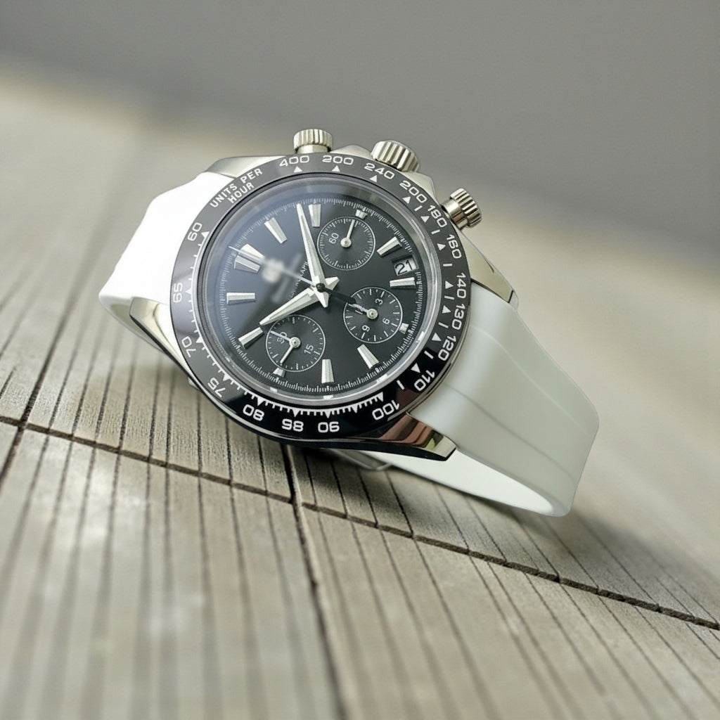 Grand Seitona black dial Seiko Mod chronograph watch with stainless steel bracelet and ceramic bezel