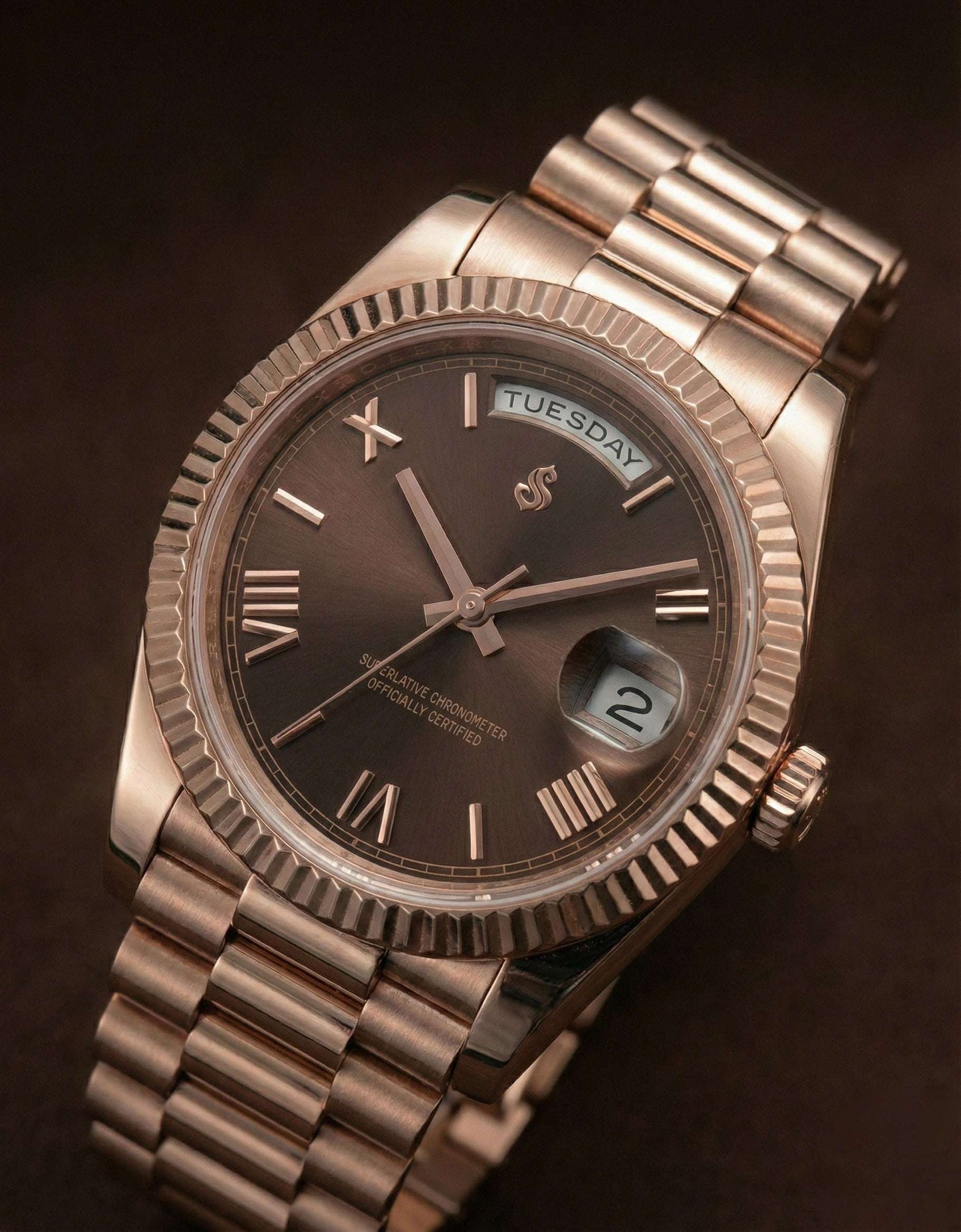 Modded Seiko watch with chocolate Roman numeral dial and day-date display by Modtime Creations
