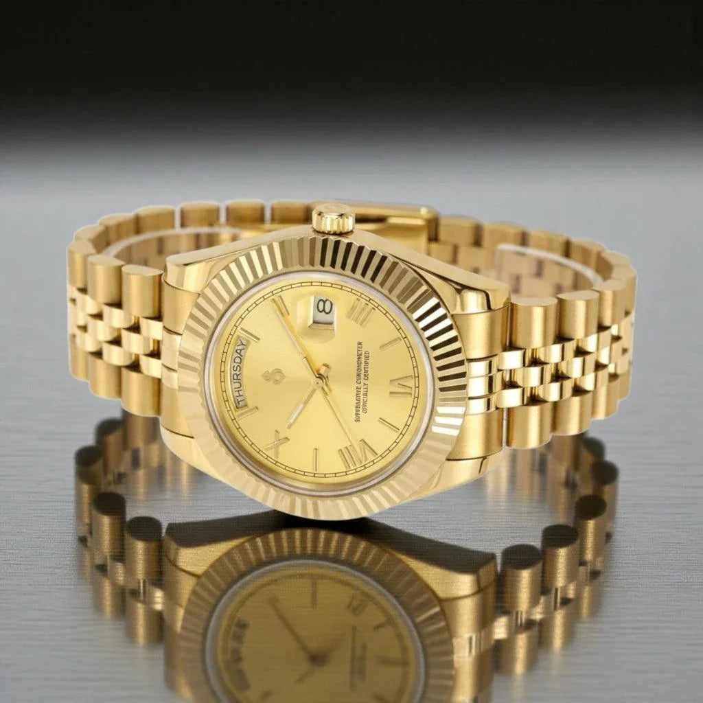 Modded Seiko watch with gold Roman numerals and day-date dial by Modtime Creations