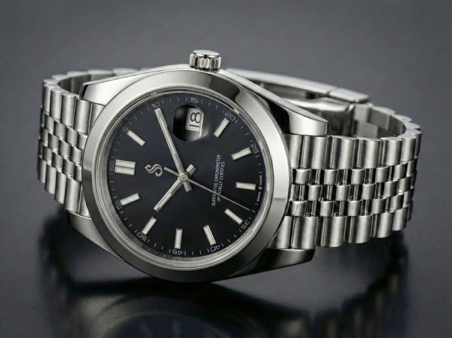 Seiko mod luxury watch with black dial and date window by Modtime Creations