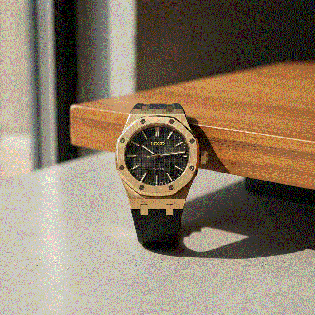 Seiko Mod Heritage Oak watch with gold case and black dial, sapphire crystal, and stainless steel bracelet