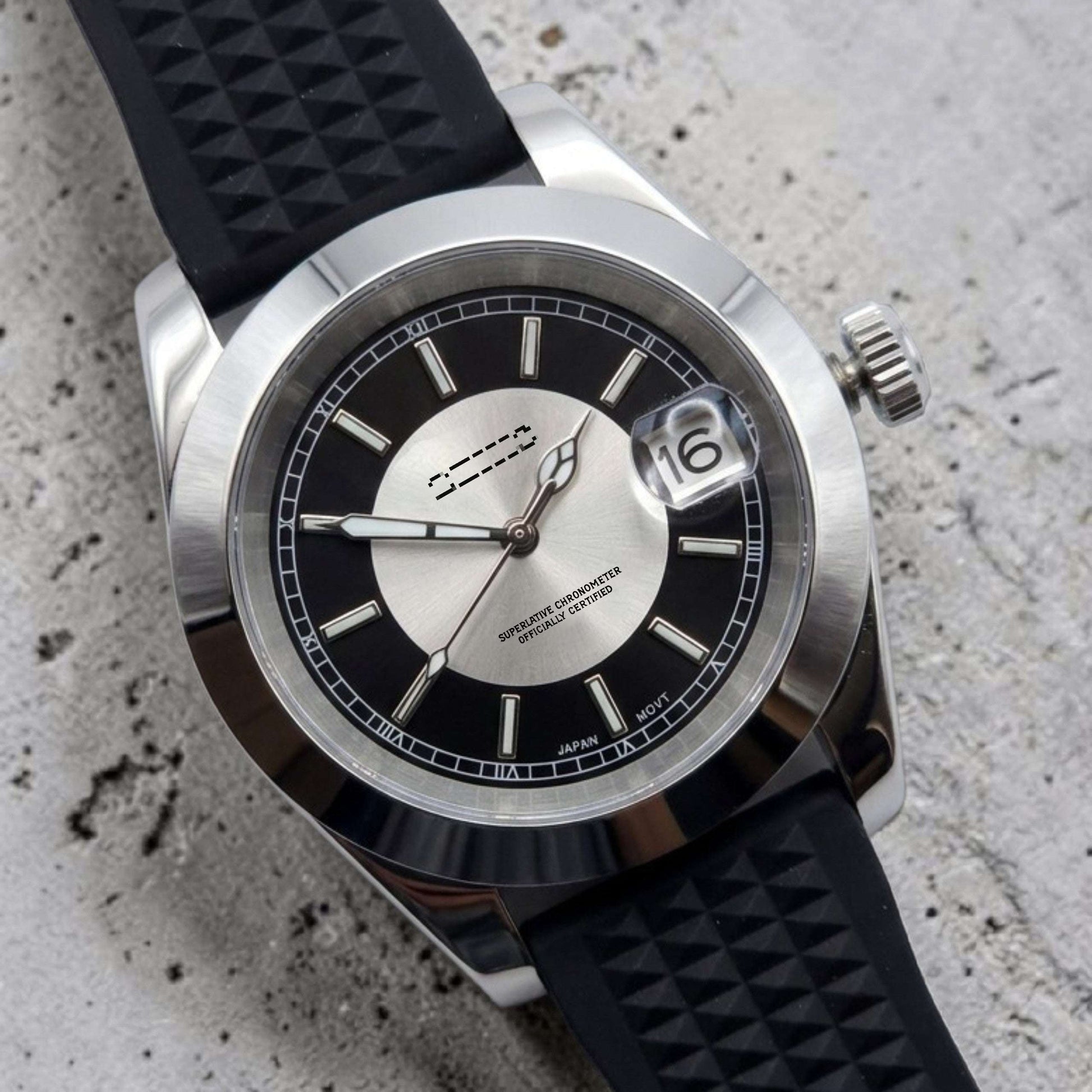 Seiko Mod Date Window Silver Black Dial - Modtime Creations with NH35 automatic movement by Modtime Creations