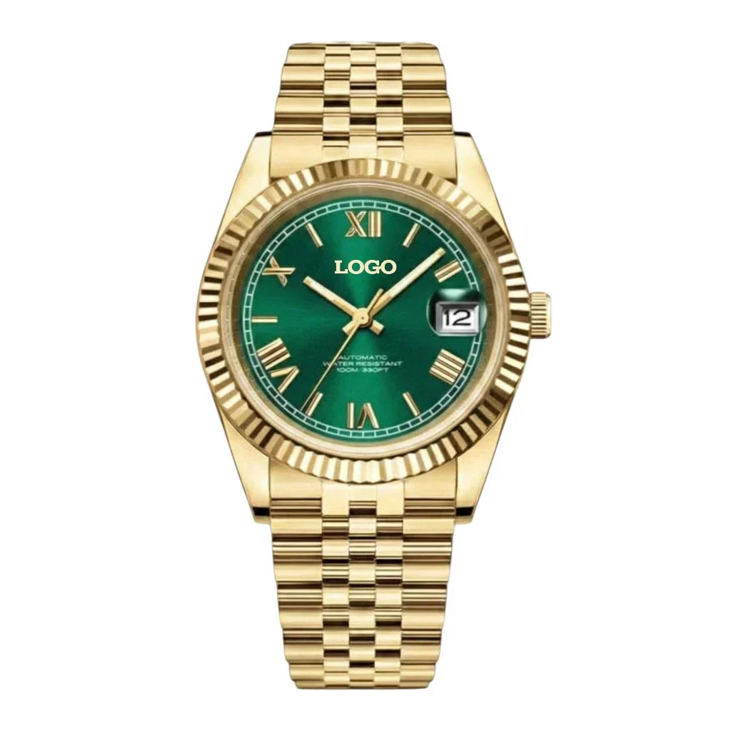 SeikJust gold green dial watch with Roman numerals and date window by Modtime Creations, featuring NH35 automatic movement and sapphire crystal