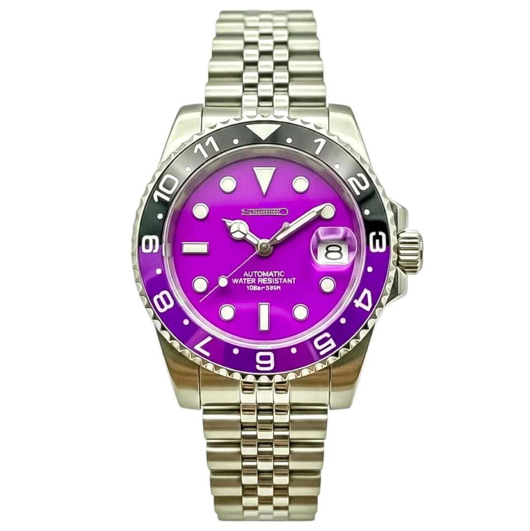 Seikmariner Joker purple dial Seiko Mod luxury diver watch with silver case and sapphire crystal