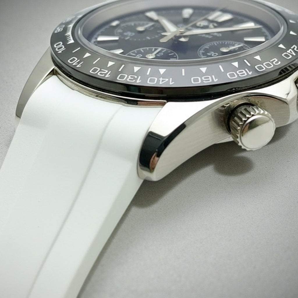 Grand Seitona black dial Seiko Mod chronograph with stainless steel bracelet and ceramic bezel