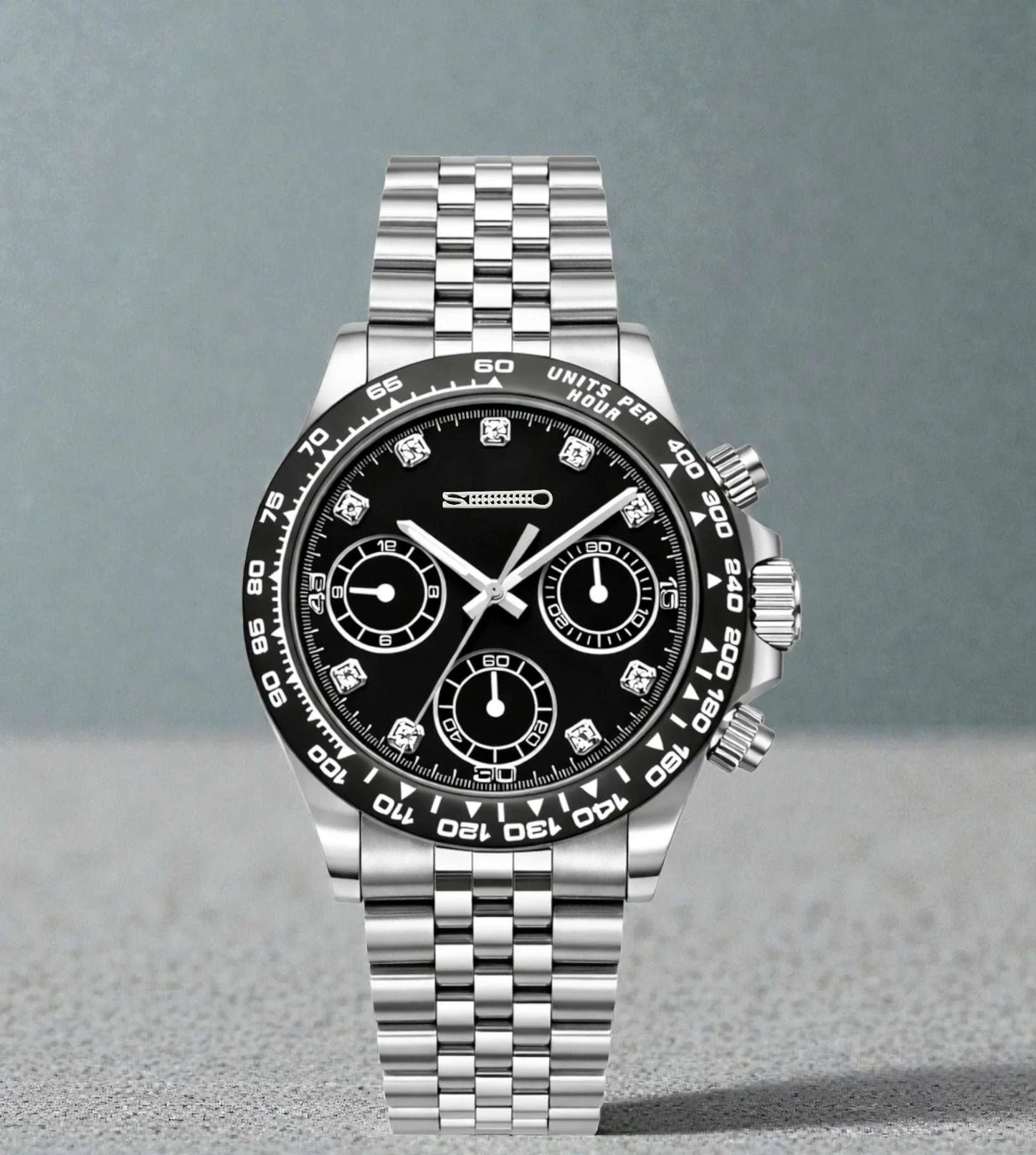 Seitona Seiko Mod luxury chronograph watch with black diamond dial and silver stainless steel case