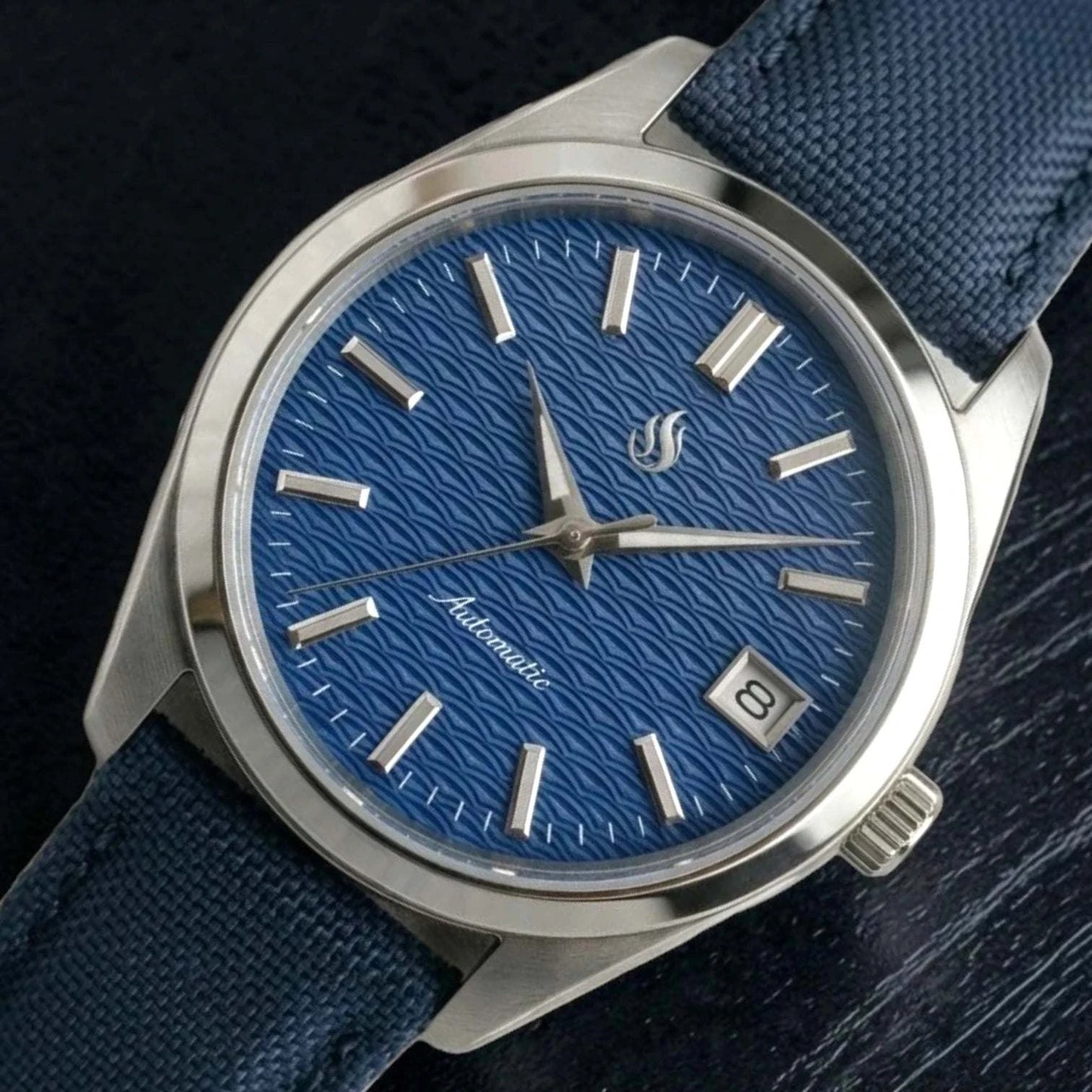 Date Window Silver Dark Blue Wave Dial Mod Watch - Modtime Creations