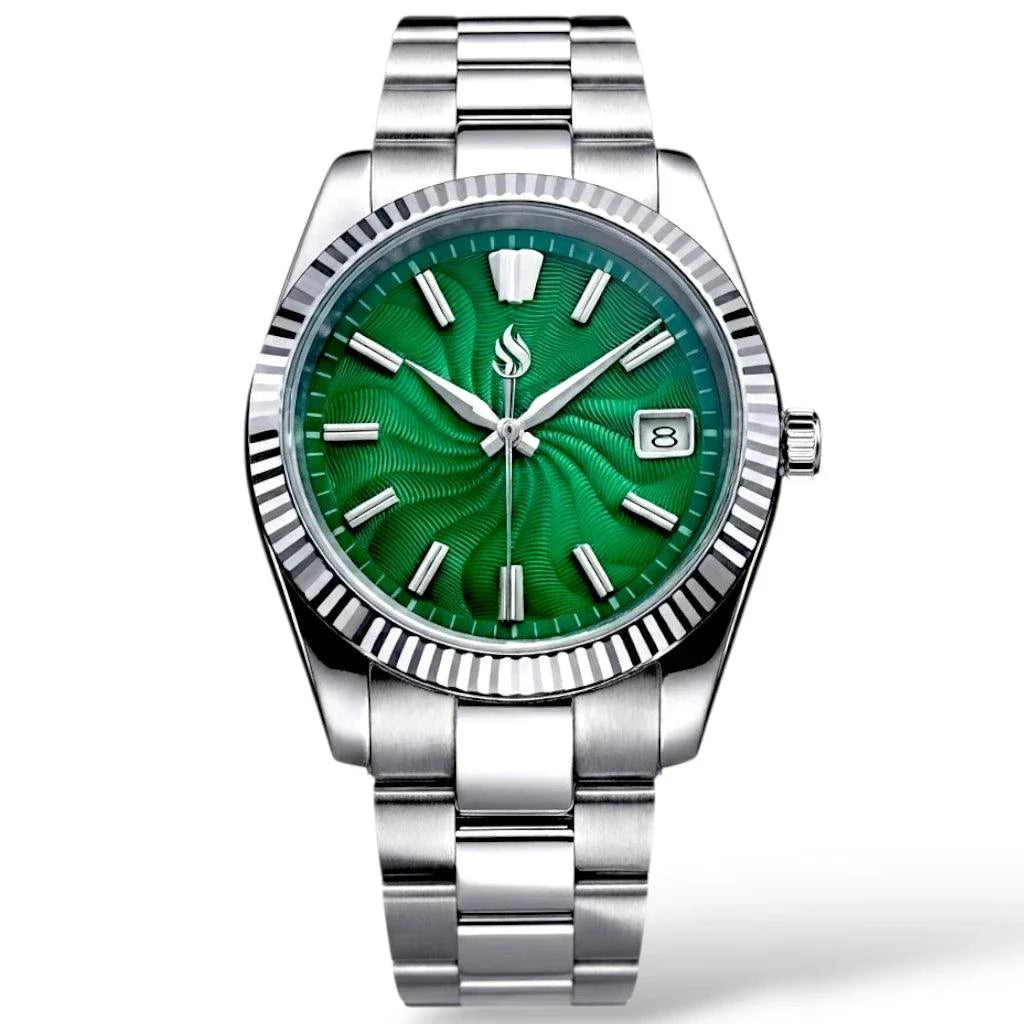 Seiko mod watches datejust green Guilloche dial with Stainless-Steel Bracelet by Modtime Creations 