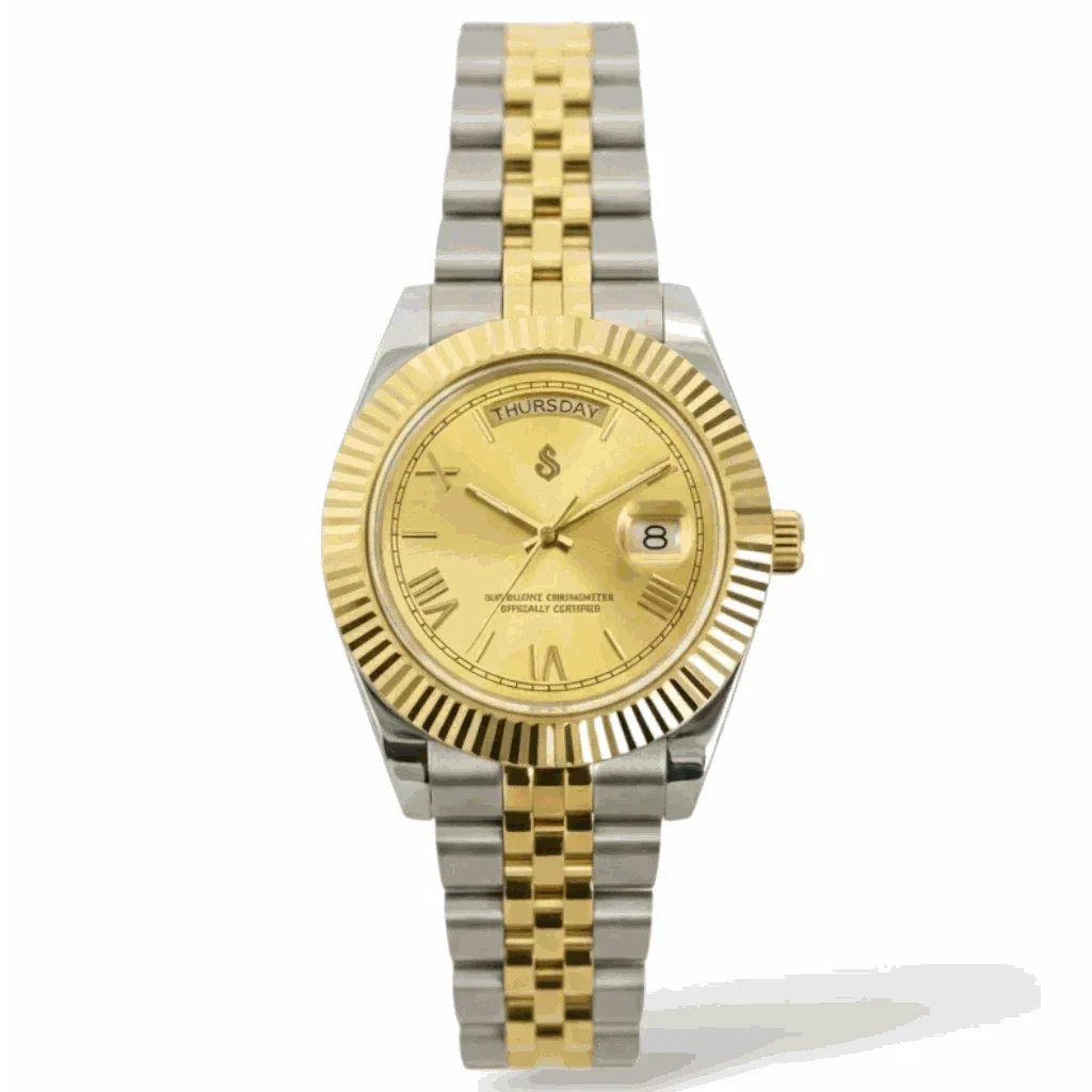 Seiko mod luxury watch with gold Roman numerals day and date dial, two-tone stainless steel case and bracelet
