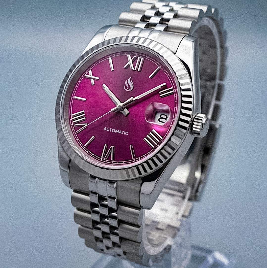 Seiko mod watches datejust "Fuchsia" Purple Dial Fluted Bezel with jubilee-style bracelet at Modtime Creations 