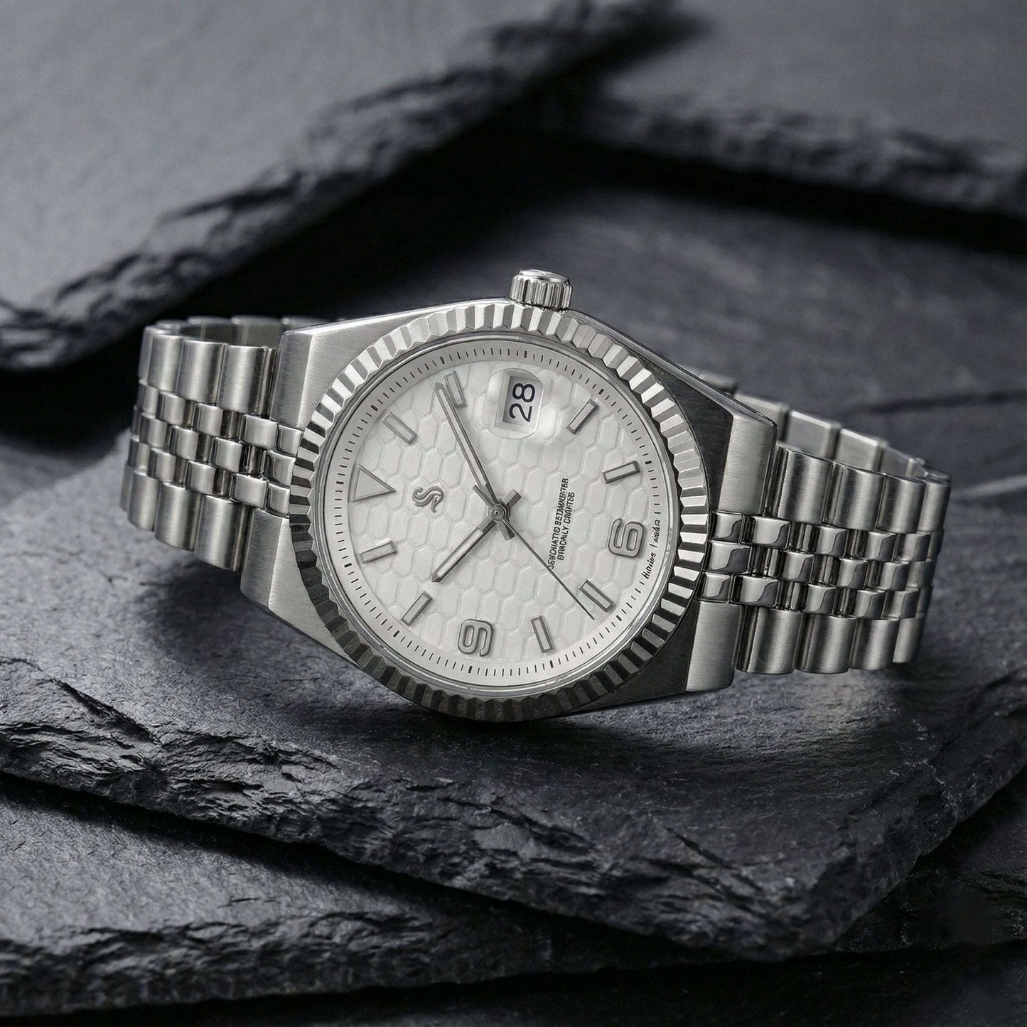 Seiko Mod watch with white dial and date window by Modtime Creations, featuring NH35 automatic movement and sapphire crystal