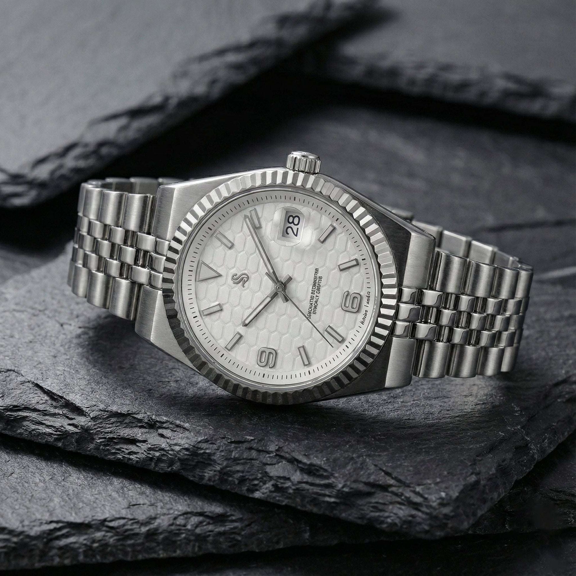 Seiko Mod watch with white dial and date window by Modtime Creations, featuring NH35 automatic movement and sapphire crystal