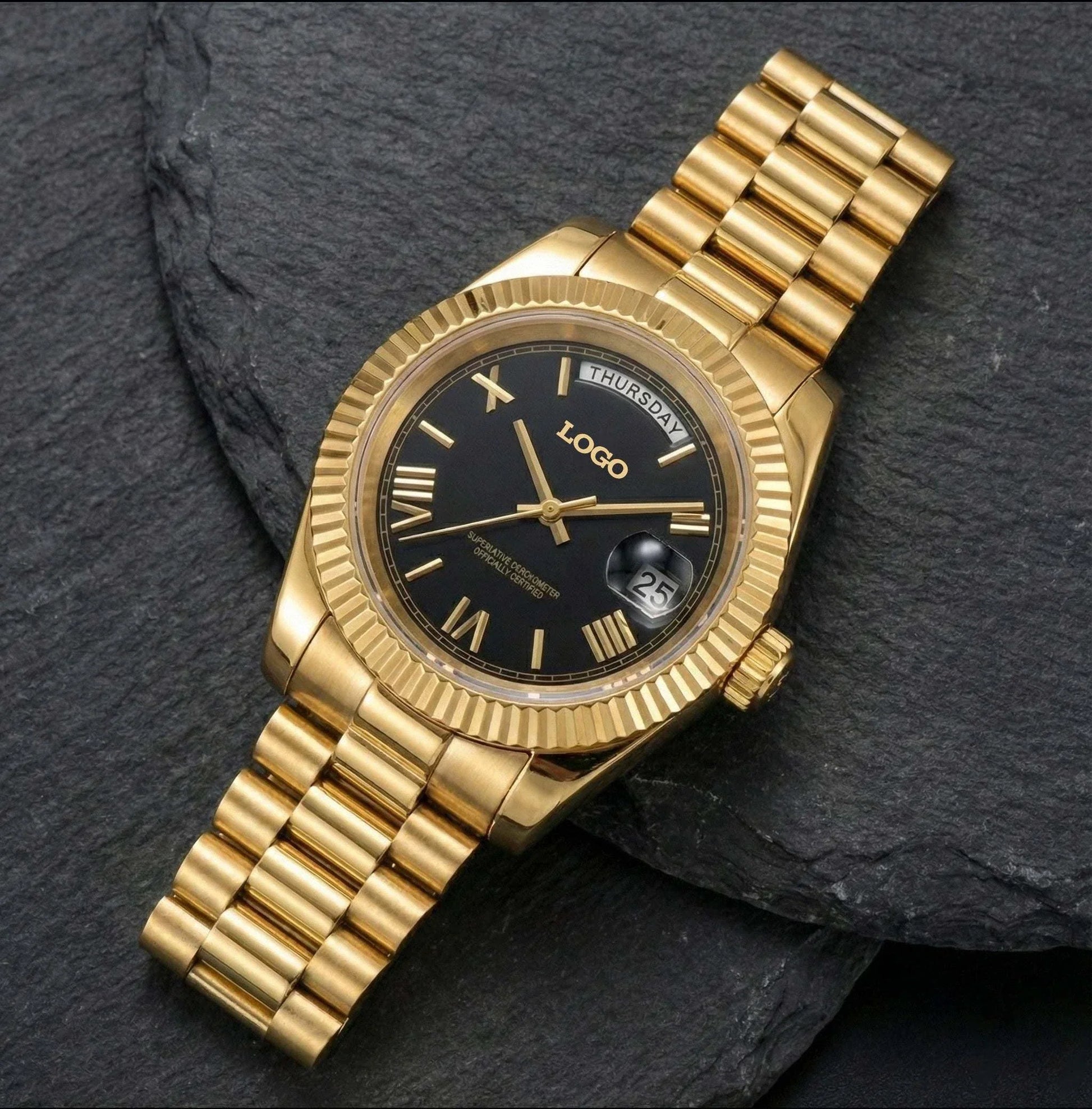 Luxury Modded Seiko watch with black gold Roman numeral dial and day-date display from Modtime Creations