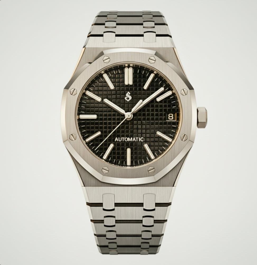 Seiko Modtime Heritage Oak watch with black dial and stainless steel case