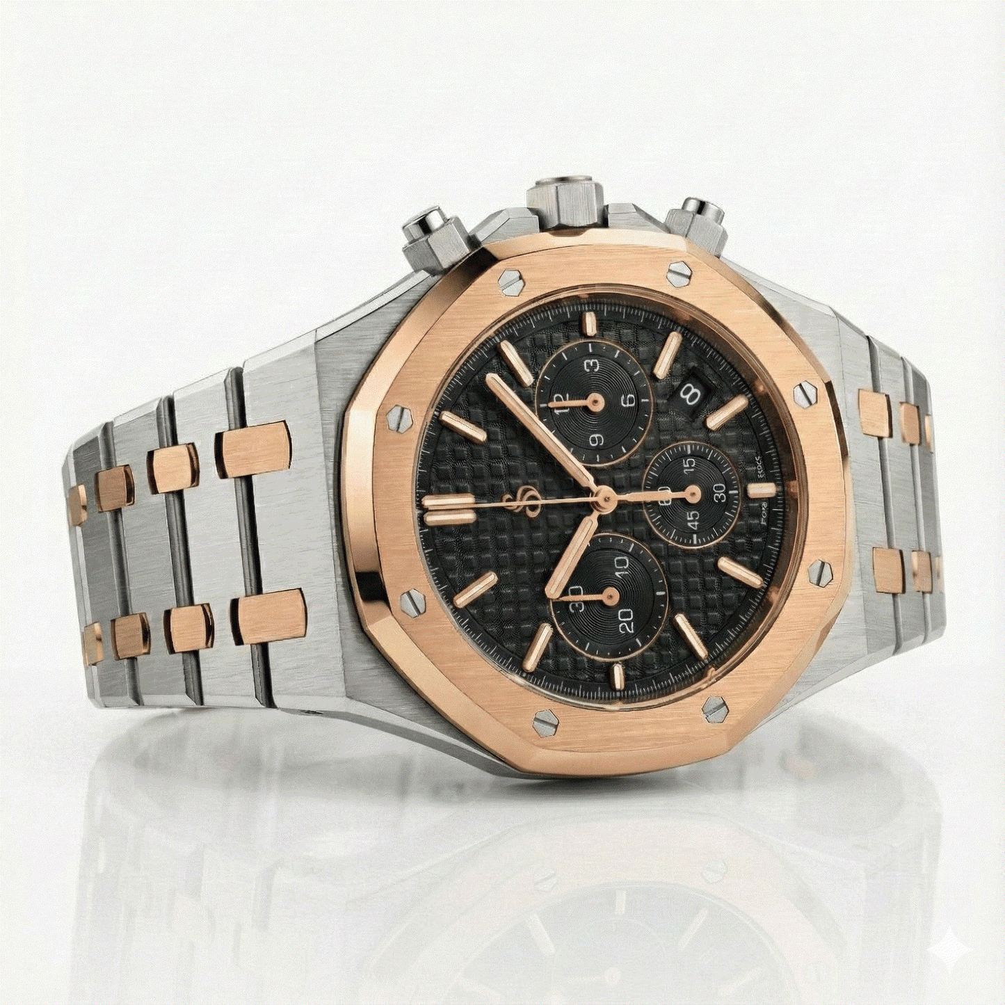 Heritage Oak Seiko Mod chronograph watch with two-tone black dial and stainless steel bracelet