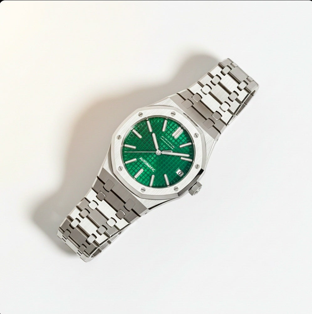 Seiko Mod Heritage Oak watch with green dial and stainless steel case by Modtime Creations