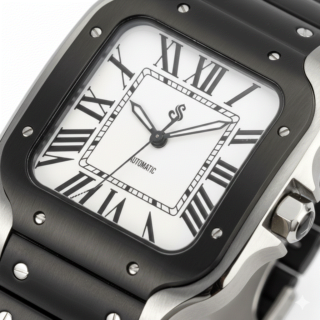 Santeiko two-tone silver and black dial Seiko Mod watch with stainless steel case and sapphire glass by Modtime Creations