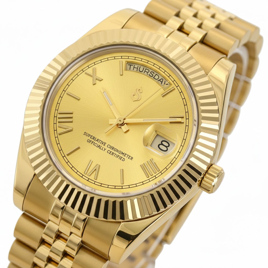 Modded Seiko watch with gold Roman numerals and day-date dial by Modtime Creations