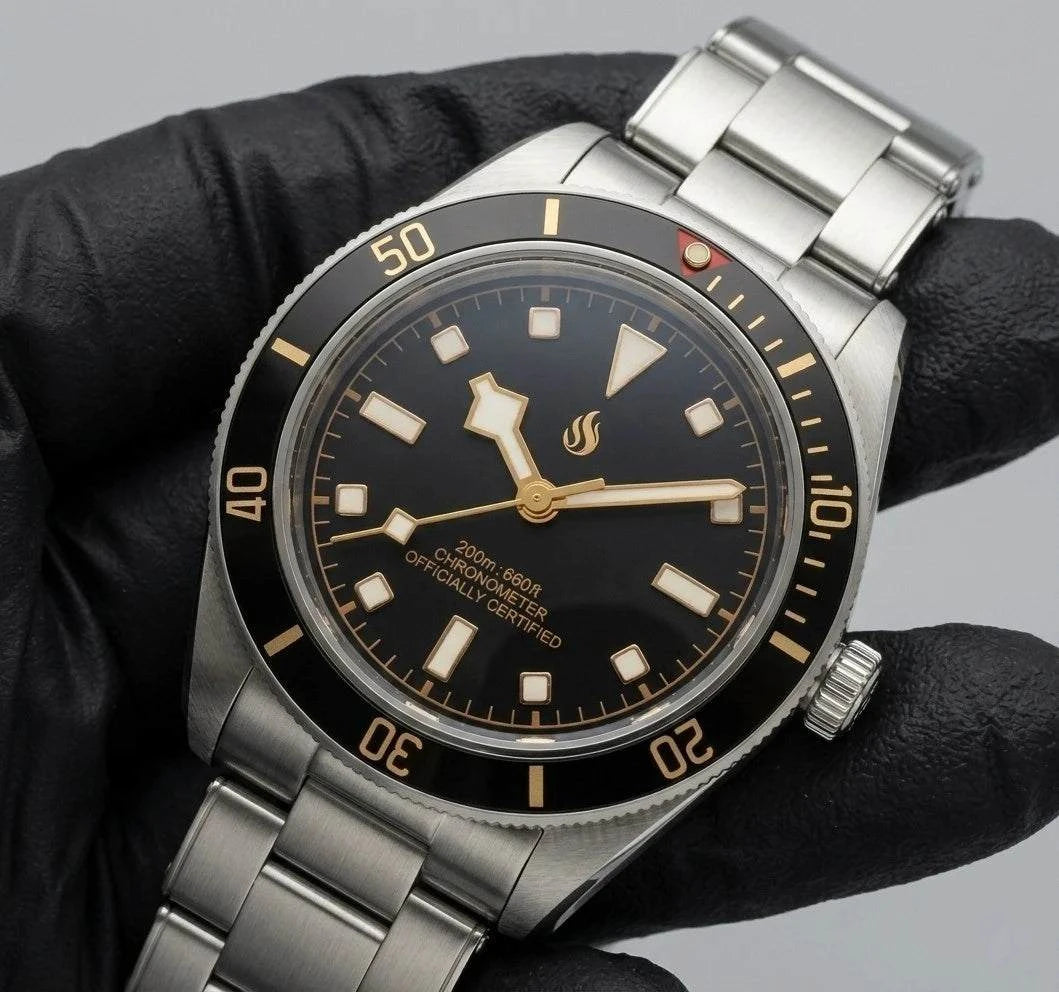 Vintage 39 MM Gold Black Diver Watch Mod Series - Modtime