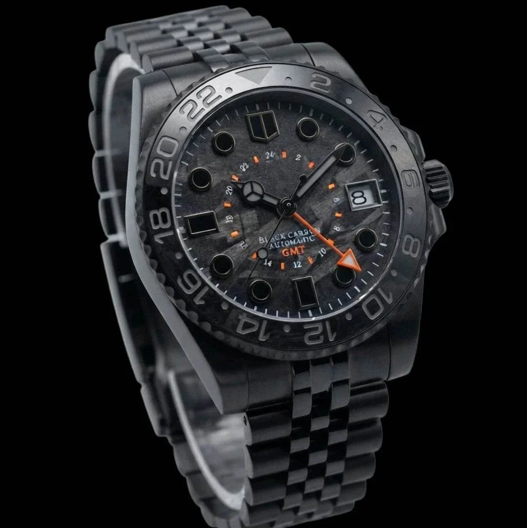 Seiko Mod Submariner GMT Carbon Fiber Stealth Black Orange watch built by Modtime Creations 
