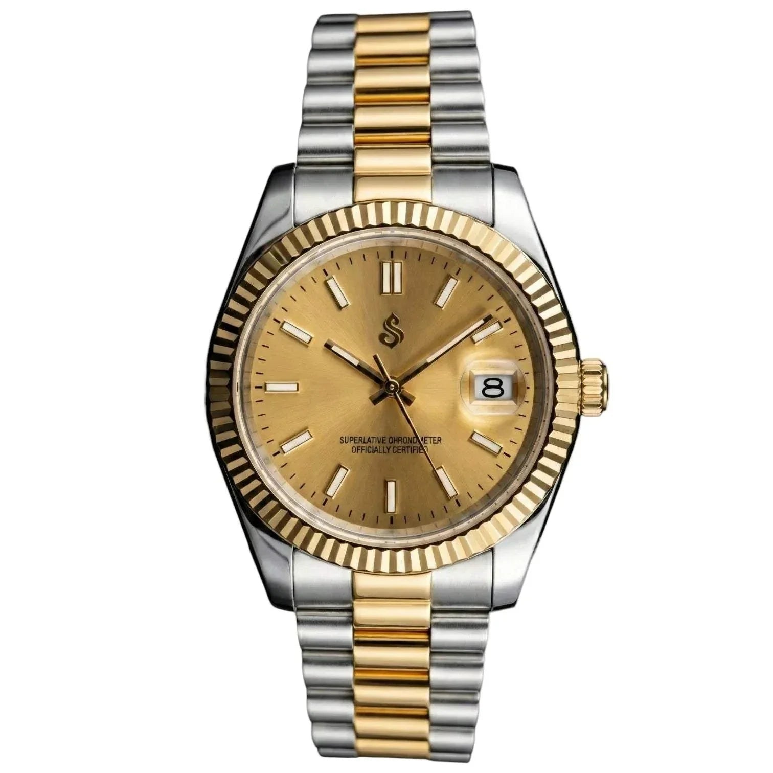 SeikJust two-tone gold Seiko Mod with date window by Modtime Creations, featuring NH35 automatic movement and sapphire crystal case