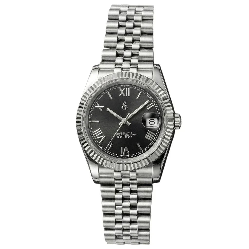 Seiko Mod black dial watch with Roman numerals and date window by Modtime Creations