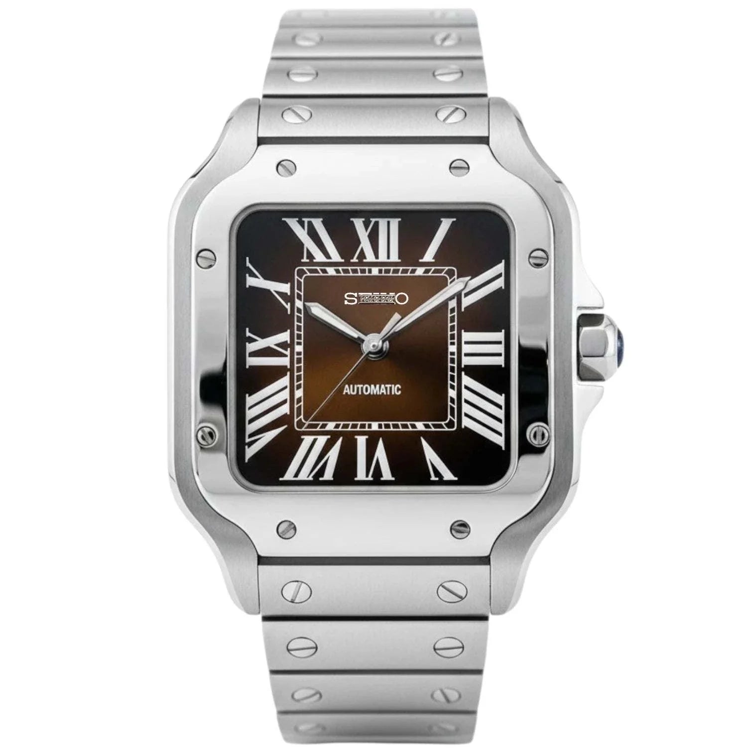 Santeiko silver case Seiko Mod watch with chocolate brown dial by Modtime