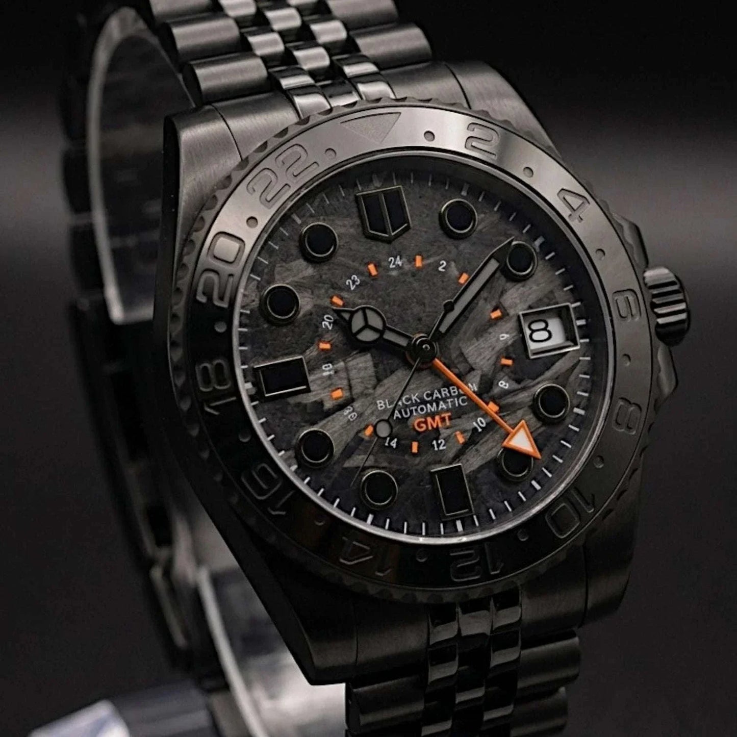 Seiko Mod Submariner GMT Carbon Fiber Stealth Black Orange watch built by Modtime Creations 