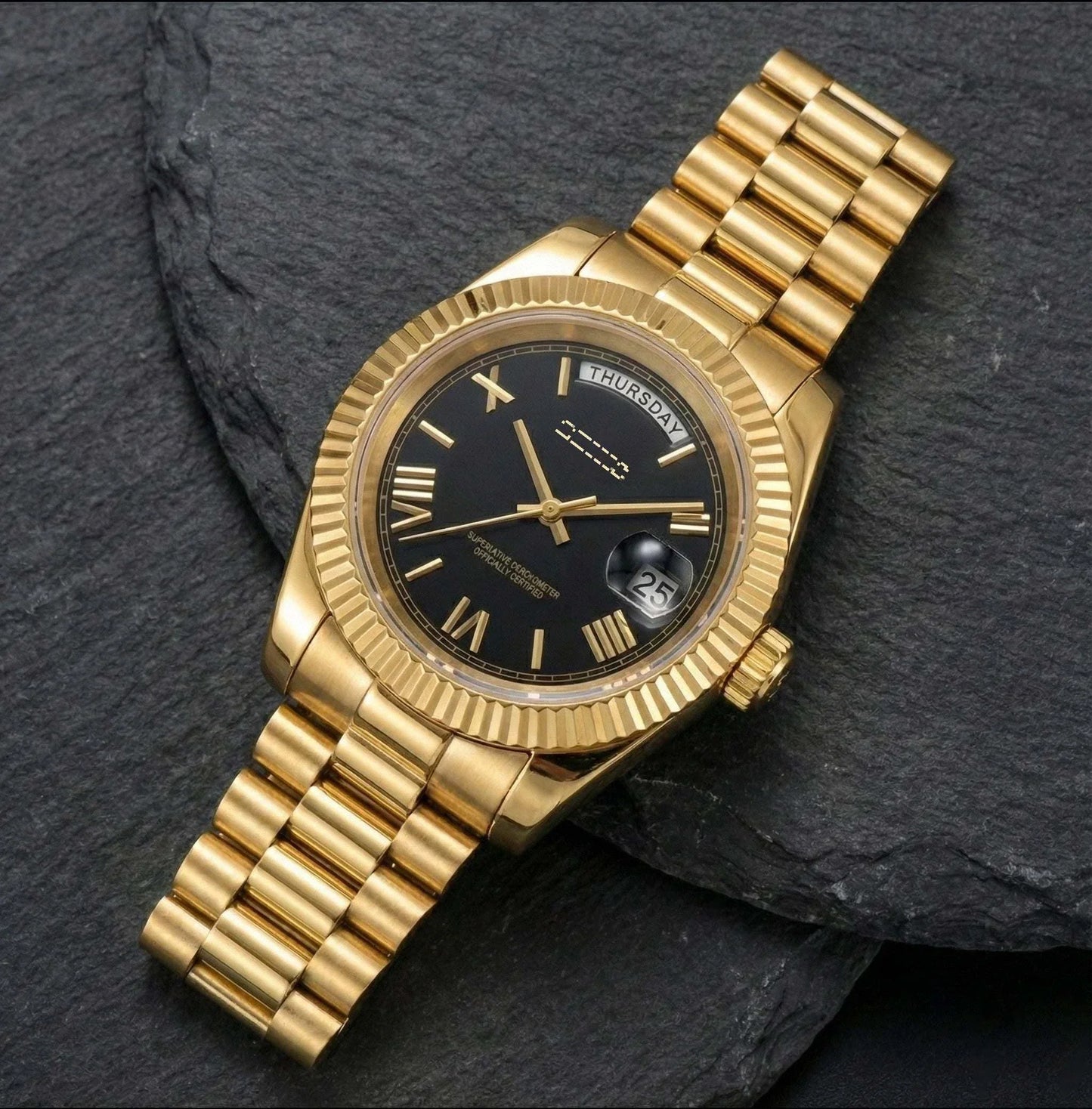 Modded Seiko Day & Date watch with black gold dial and Roman numerals by Modtime