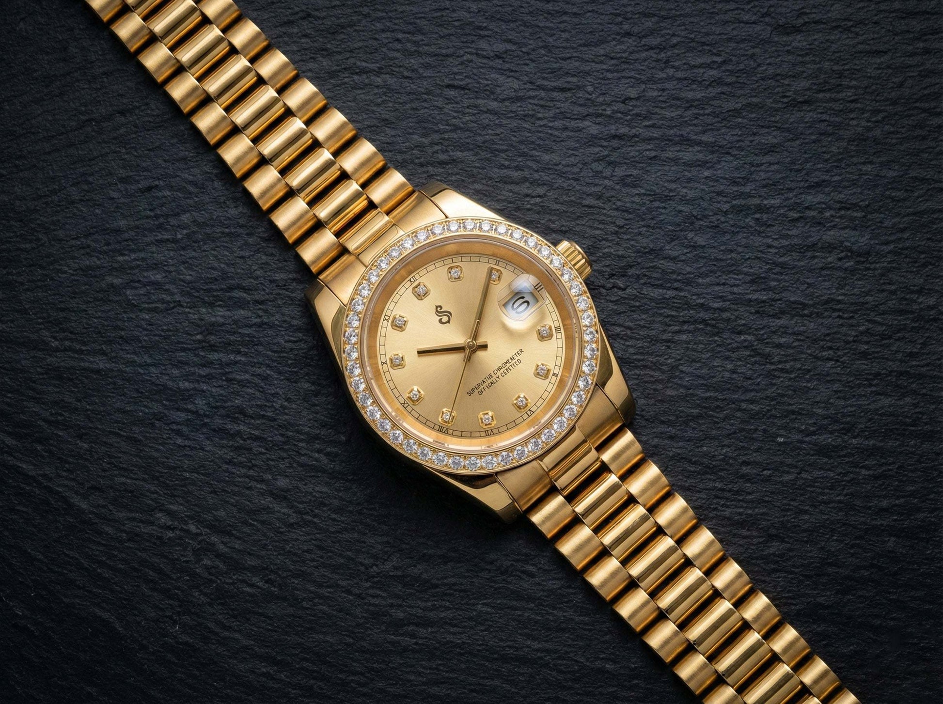Seiko Mod gold gem dial watch with bling bezel and date window by Modtime