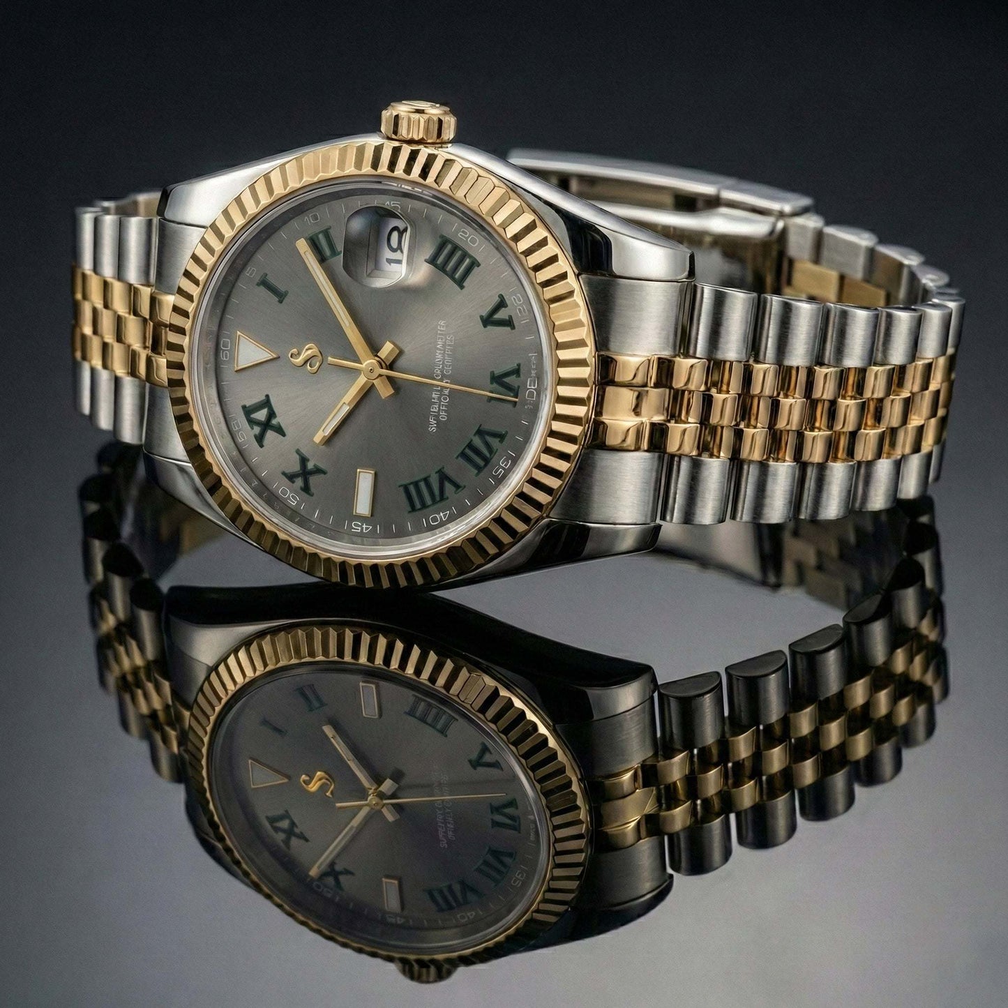 SeikJust Date Window Gold Two-Tone Seiko Mod watch by Modtime Creations with NH35 automatic movement and sapphire crystal