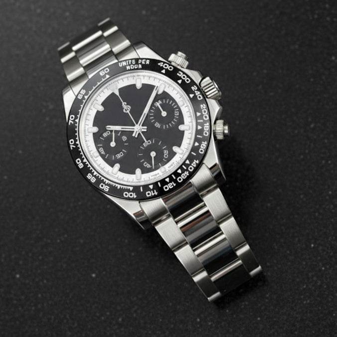 Seitona Black Seiko Mod luxury chronograph watch with white dial and stainless steel case