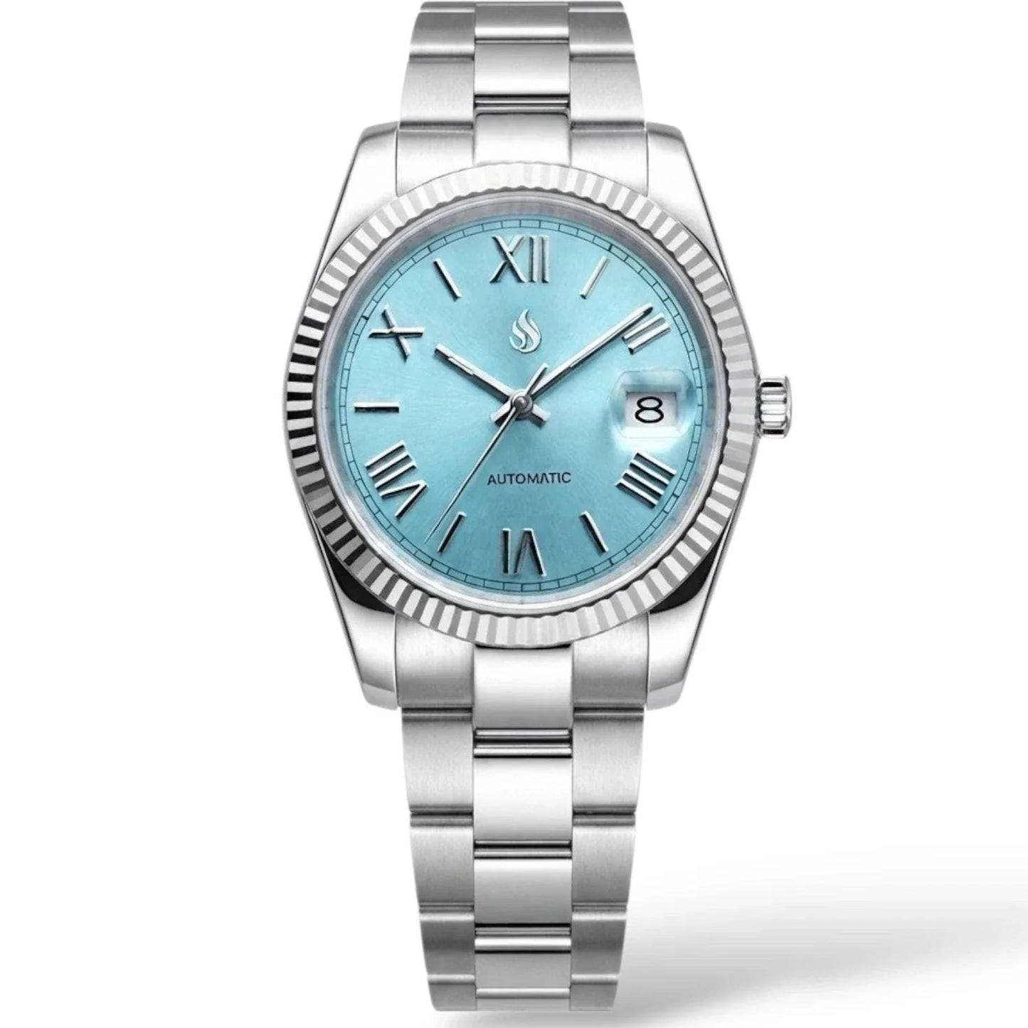 Seiko Mod Watch Datejust Tiffany Blue Dial with Roman Numeral Indices in a silver case and bracelet built by Modtime Creations 
