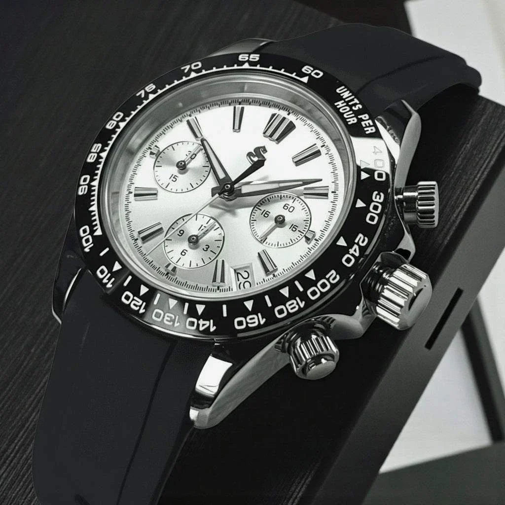 Grand Seitona Seiko mod watch with black and white panda dial, sapphire crystal, stainless steel case and bracelet.
