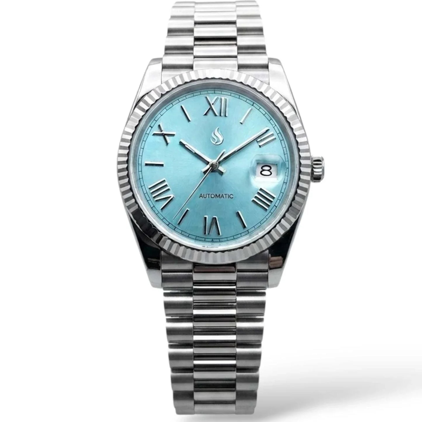 Seiko Mod Watch Datejust Tiffany Blue Dial with Roman Numeral Indices in a silver case and bracelet built by Modtime Creations 