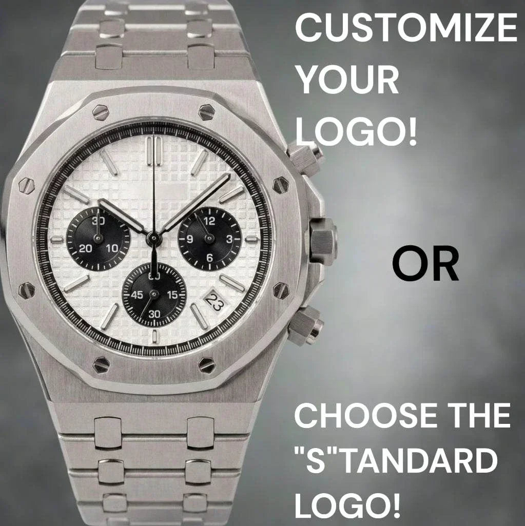 Modded Seiko Heritage Oak chronograph watch with black and white panda dial and stainless steel bracelet