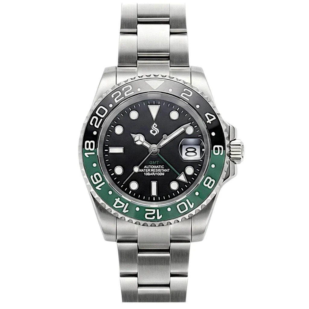 SeikMariner GMT Seiko Mod with green ceramic bezel and black dial luxury watch