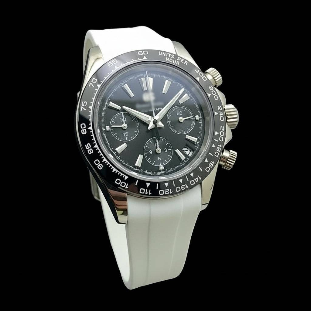 Grand Seitona black dial Seiko mod chronograph watch with stainless steel bracelet