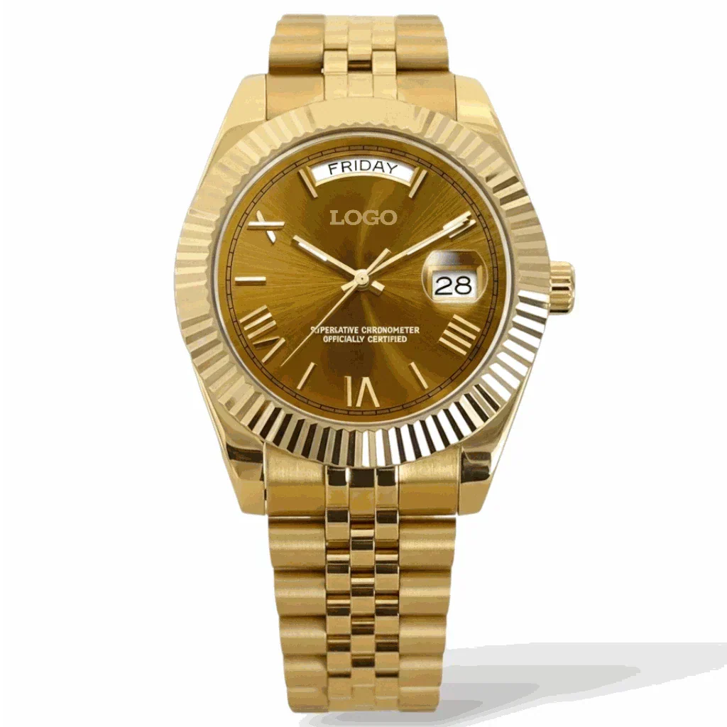 Seiko Mod Day & Date watch with gold chocolate dial and Roman numerals by Modtime Creations
