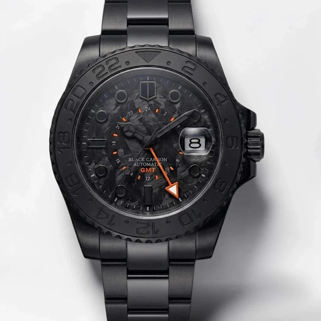 Seiko Mod Submariner GMT Carbon Fiber Stealth Black Orange watch built by Modtime Creations 