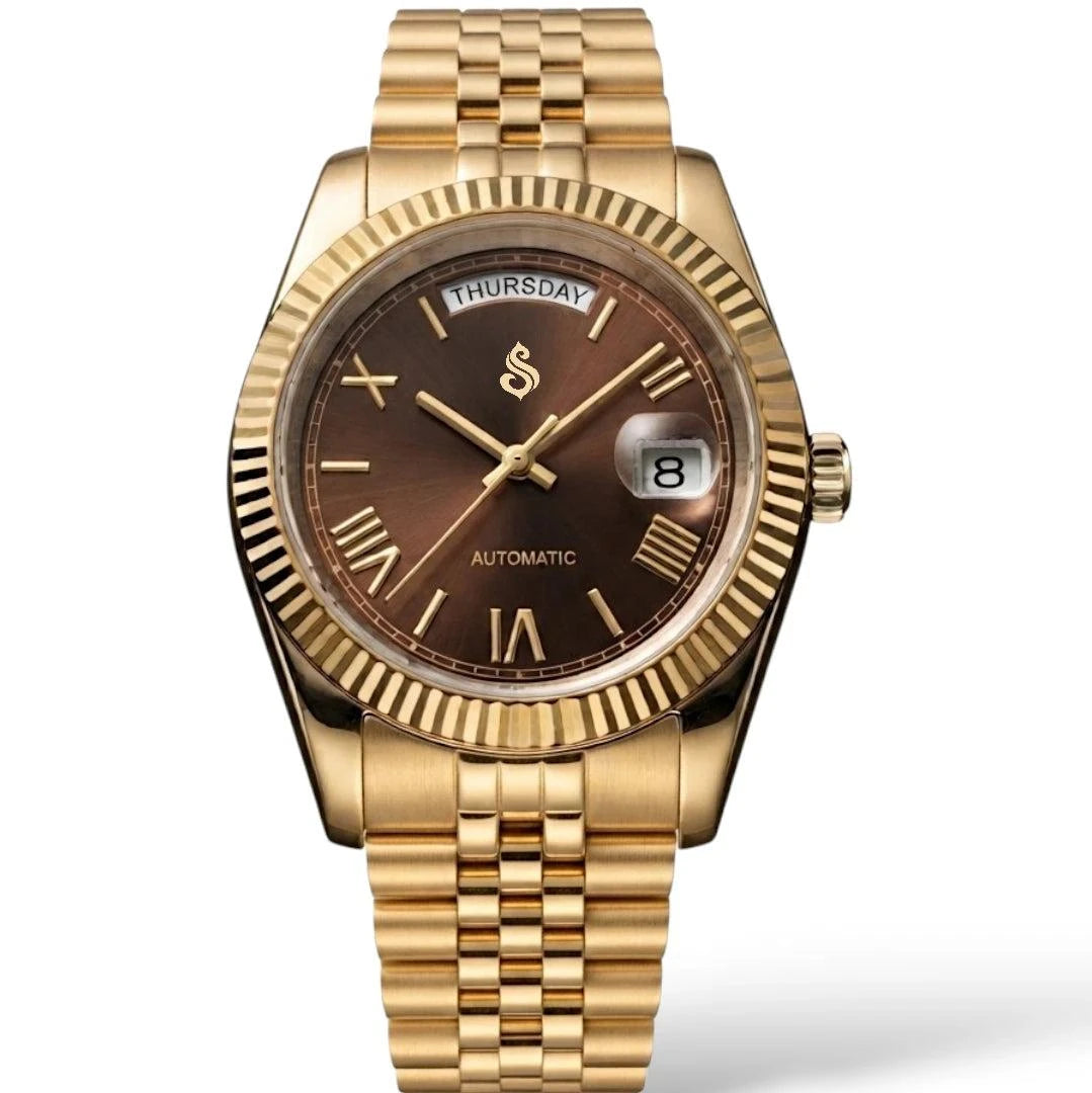 Seiko Mod DayDate watch with gold chocolate Roman numerals dial by Modtime Creations