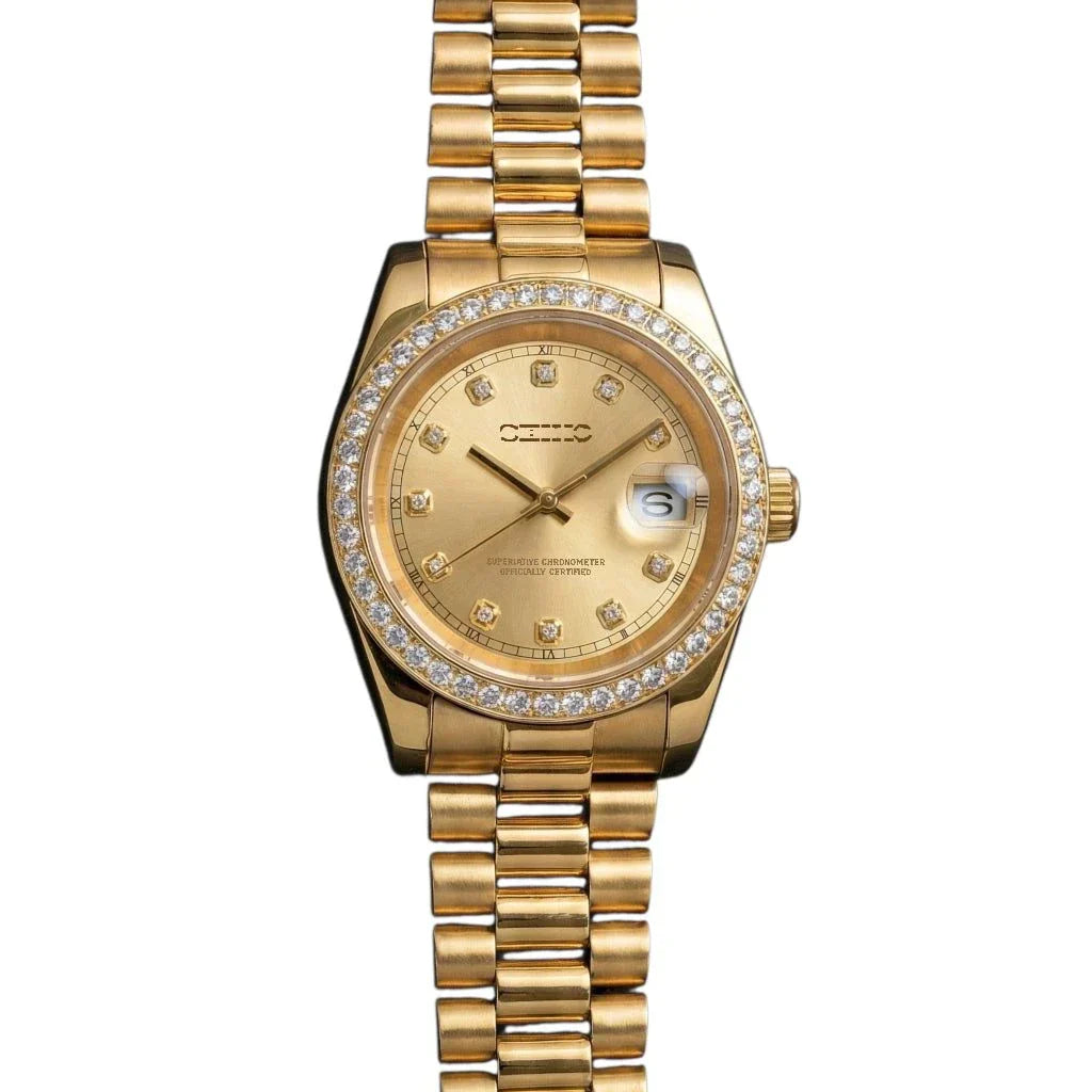 SeikJust luxury Seiko mod watch with gold gem dial and bling bezel by Modtime Creations