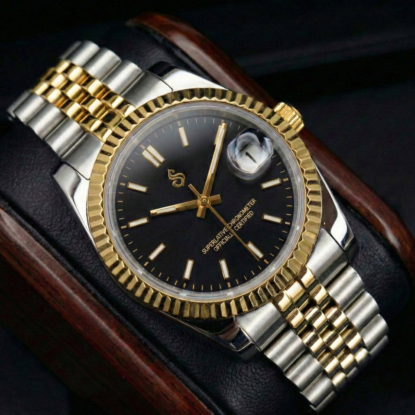 Seiko Mod watch with two-tone black dial and gold fluted bezel by Modtime Creations