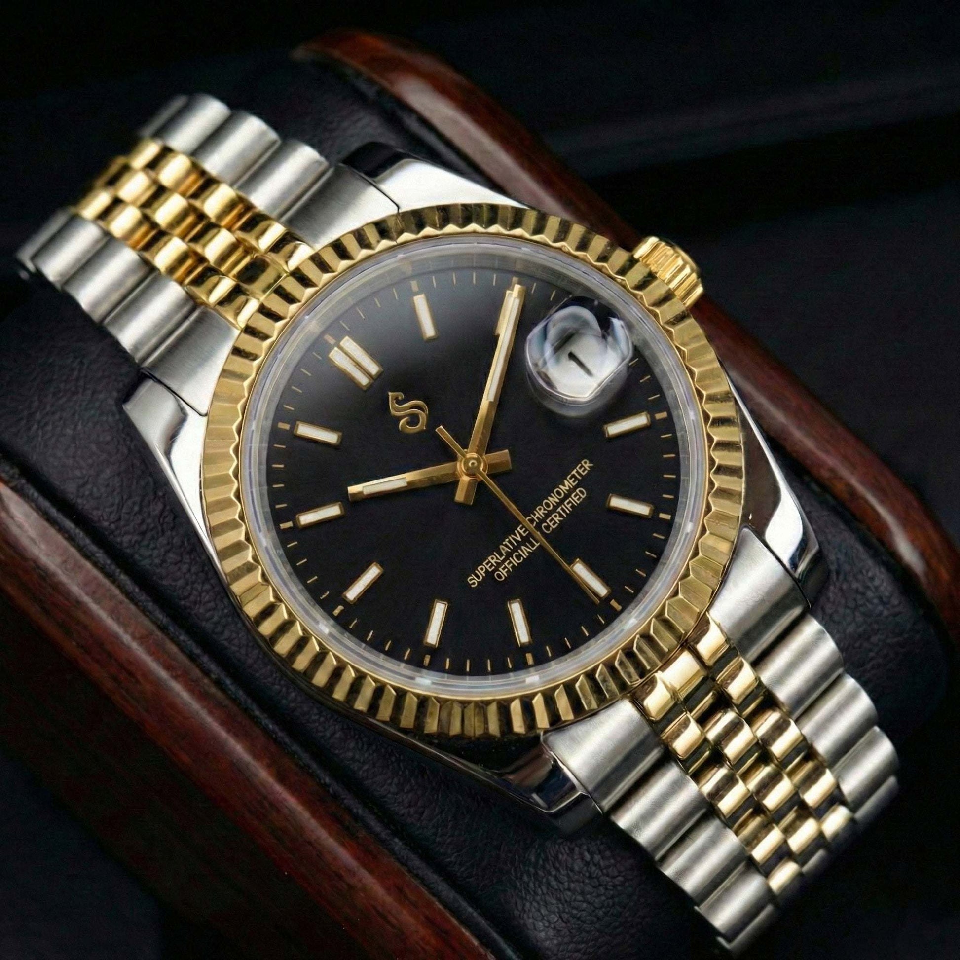Seiko Mod watch with two-tone black dial and gold fluted bezel by Modtime Creations