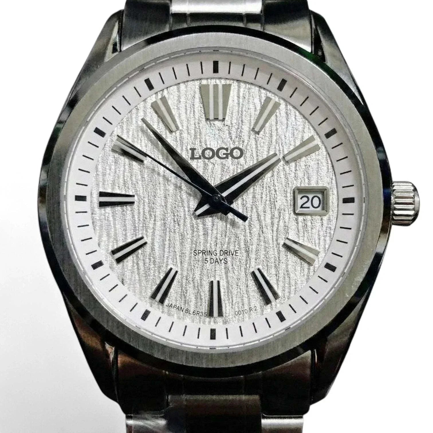 Modded Seiko luxury automatic watch with textured white dial and sapphire crystal by Modtime Creations