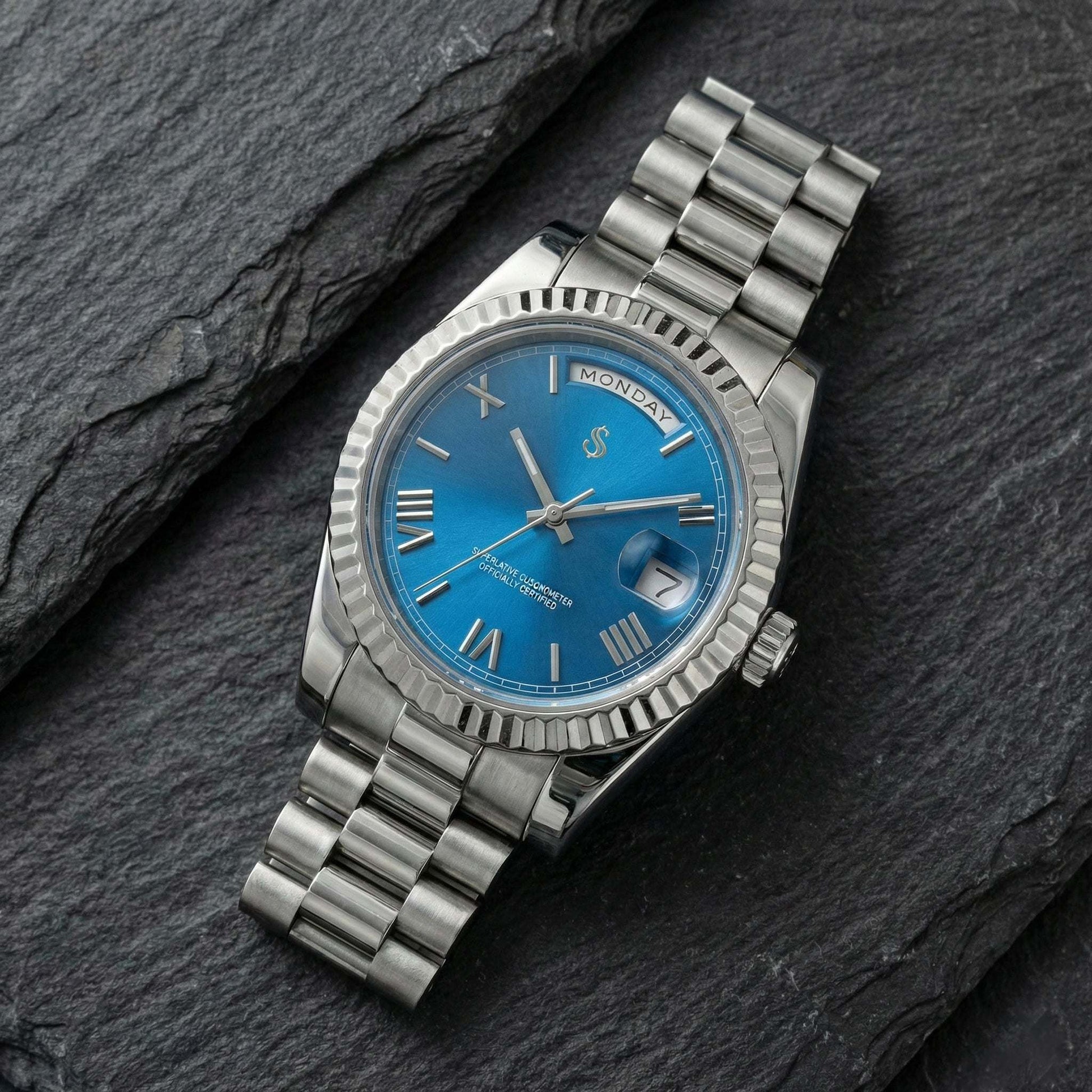 Modded Seiko Day & Date watch with royal blue dial and stainless steel case by Modtime Creations