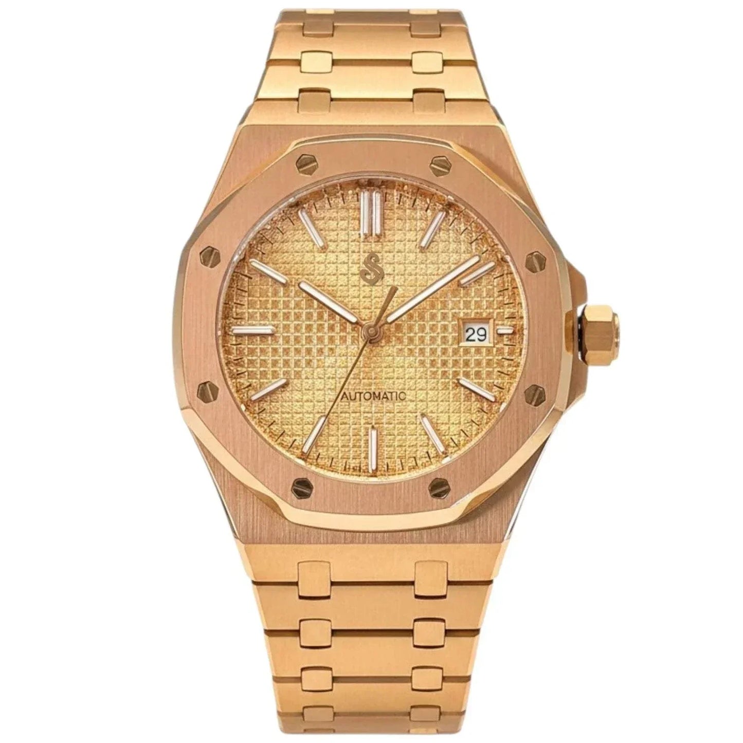 Seiko Mod Royal Oak Rose Gold custom watch with black dial and sapphire crystal